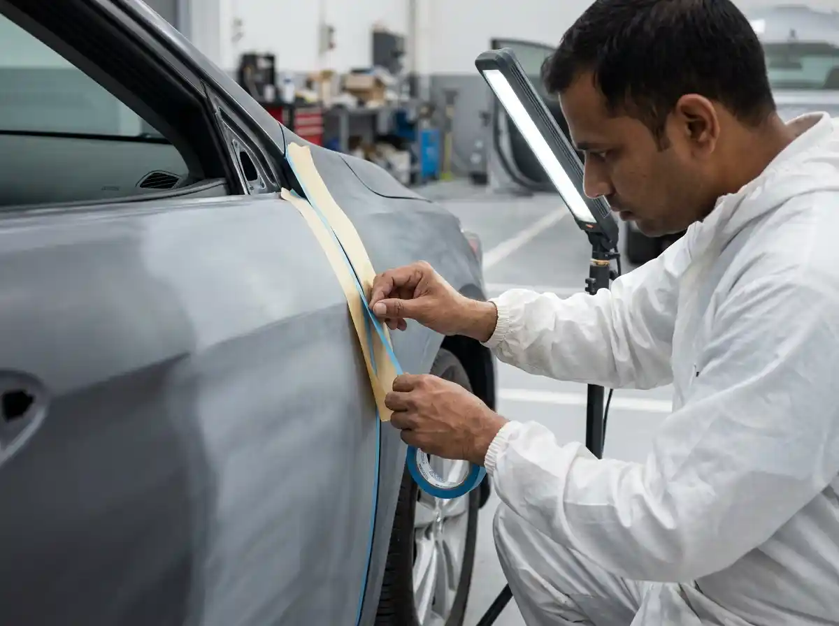 Technician masking panel boundaries and preparing an adjacent blend area for a car panel respray