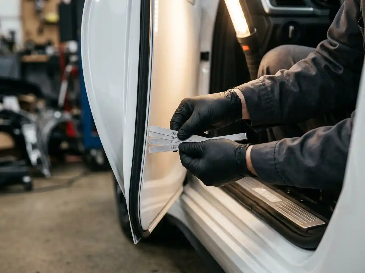 Technician measuring the Mercedes-AMG GT door and sill panel gap during body geometry inspection