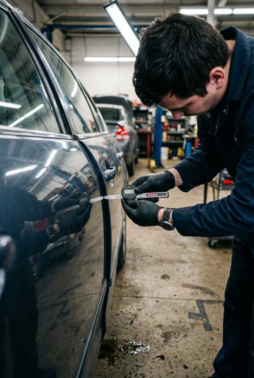 Panel gaps inspected to preserve collision direction during Downtown Dubai body repair