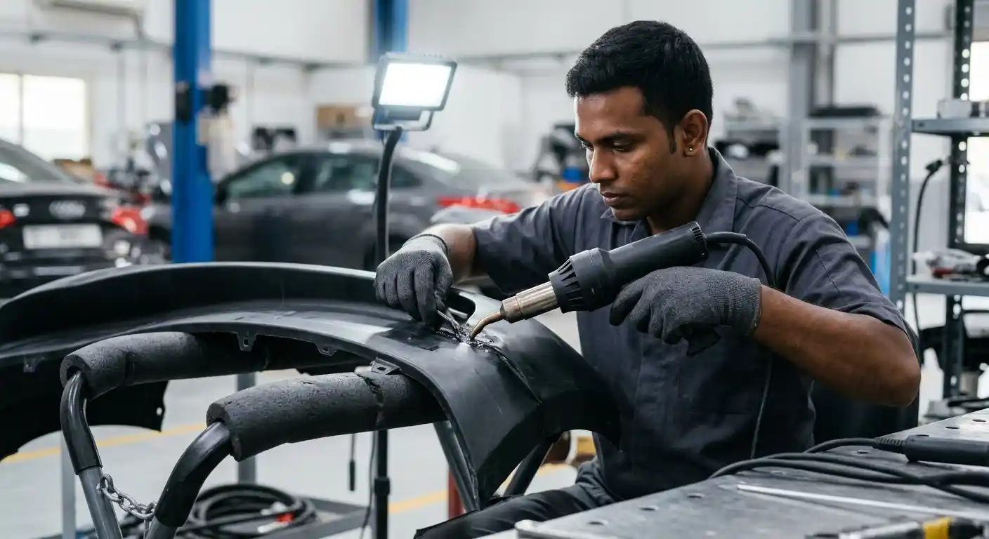 Plastic Bumper Tab Heat Repair Technician carrying out controlled heat repair on a damaged rear bumper mounting tab