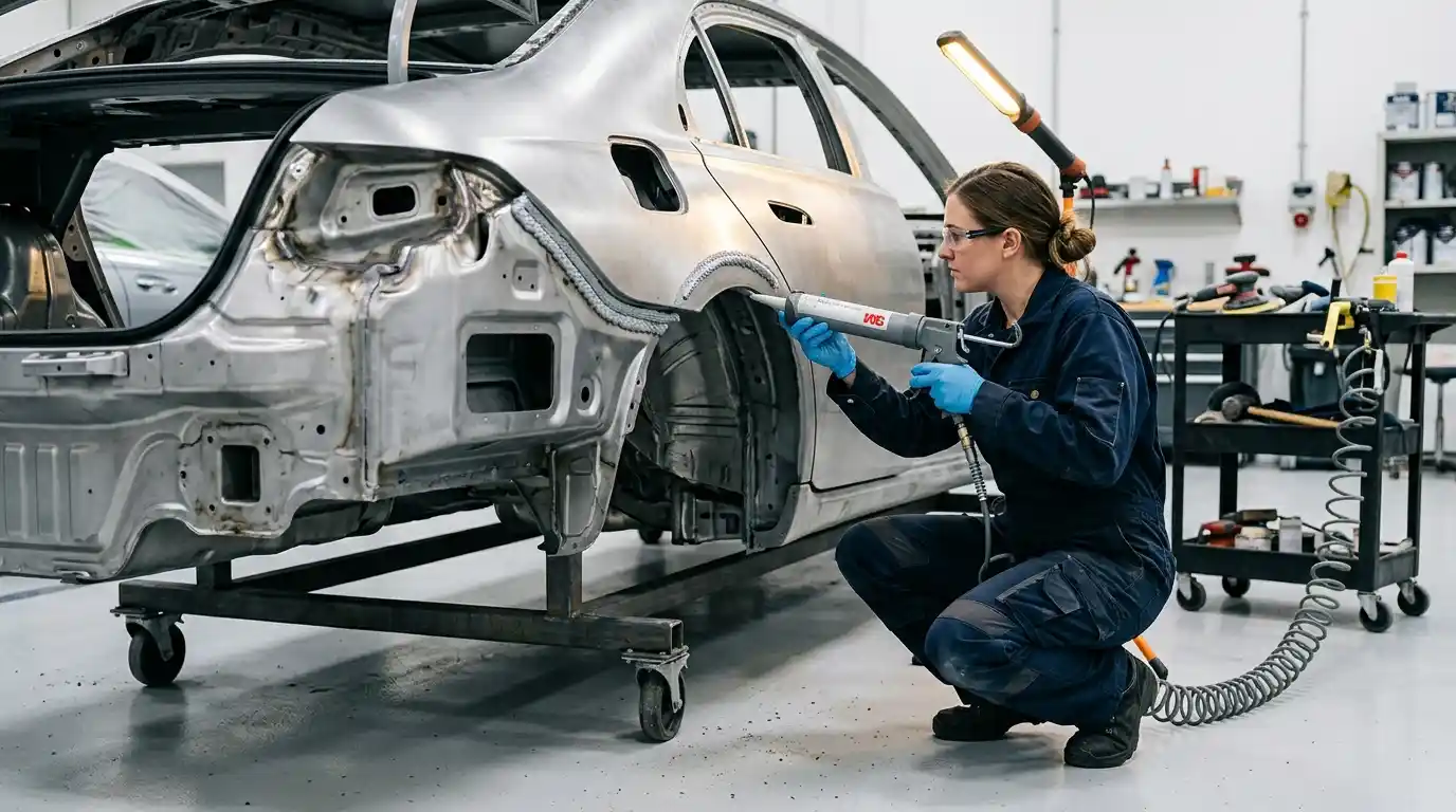 Technician applying pneumatic seam sealer inside a BMW 5 Series wheel house after structural repair