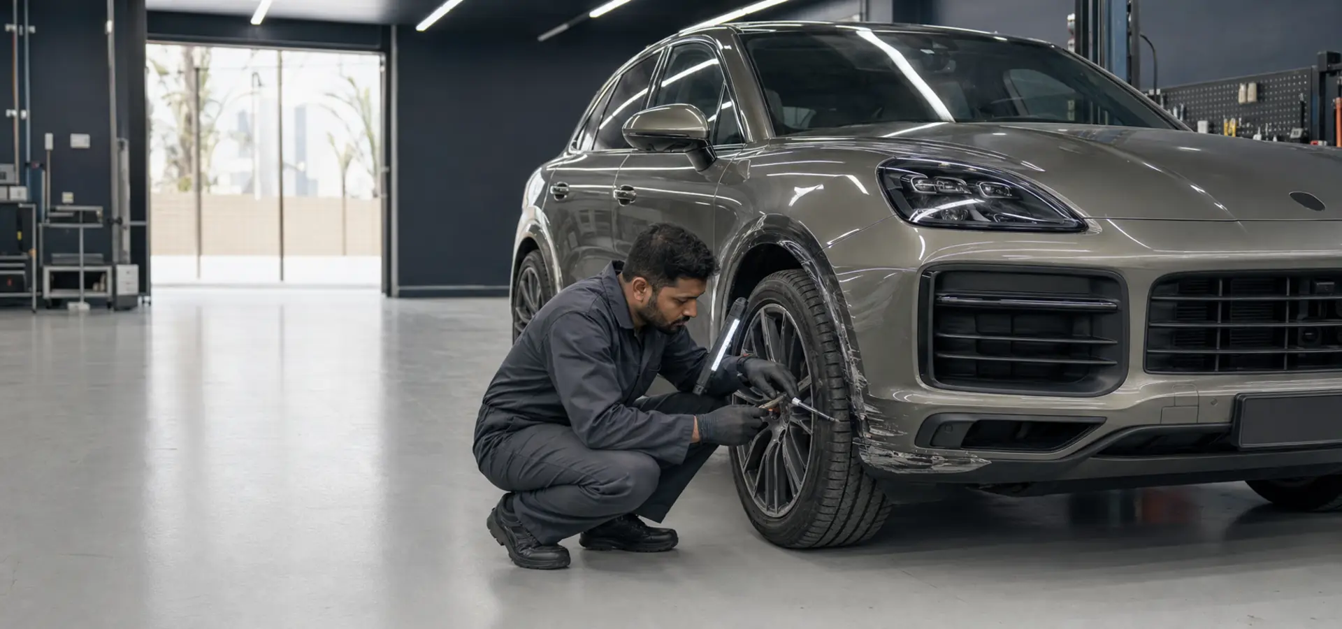 Porsche Cayenne undergoing body repair assessment in a professional Dubai workshop