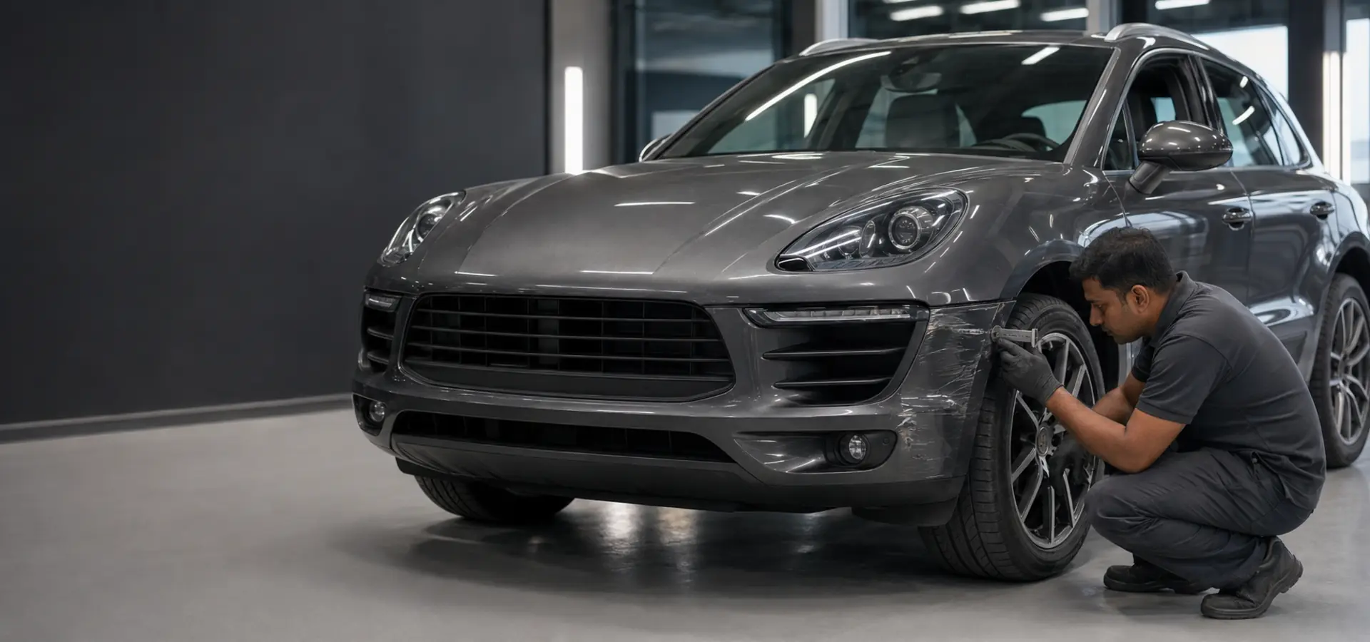 Porsche Macan undergoing body repair assessment in a professional Dubai workshop