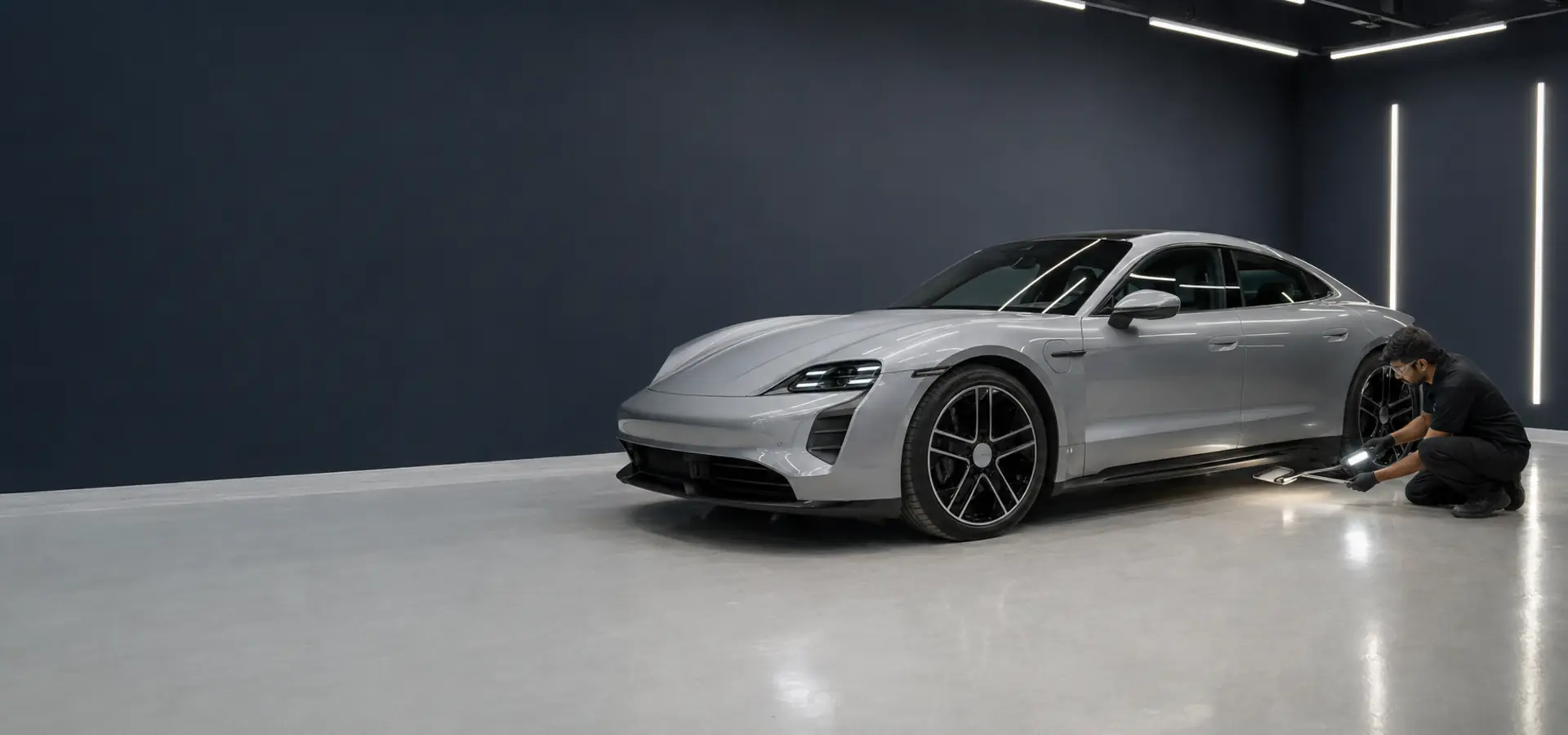 Porsche Taycan undergoing electric-vehicle body repair assessment in a specialist Dubai workshop