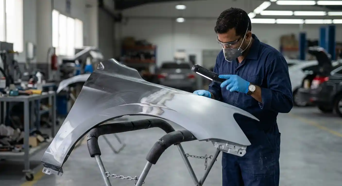 Prepared car fender surface inspected before primer and refinishing in a Dubai body shop