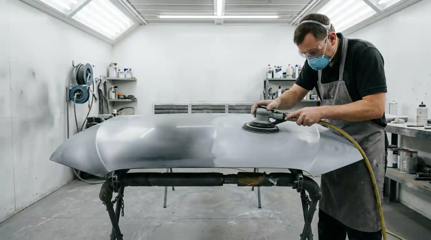 Technician sanding primer guide coat to verify panel flatness before colour application