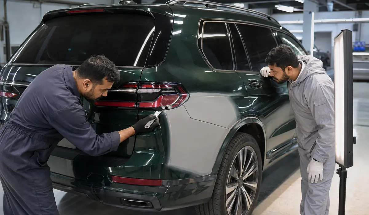 BMW X7 Production Repair Gates BMW X7 body repair progressing through measured production and quality-control checkpoints