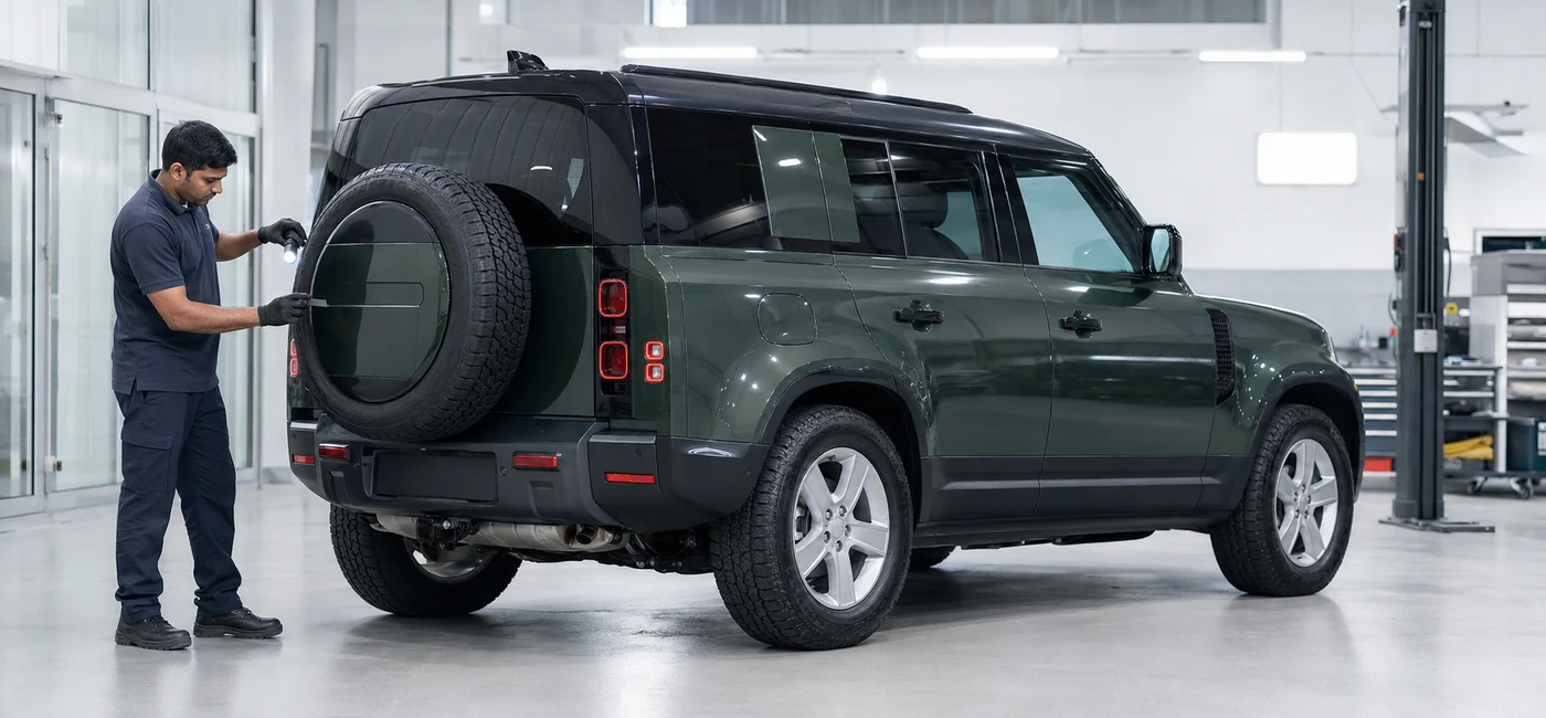Land Rover Defender final quality inspection beginning at the struck accessory and following the repair load path