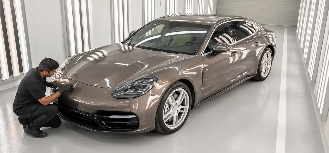 Porsche Panamera undergoing final front-to-rear quality control after body repair