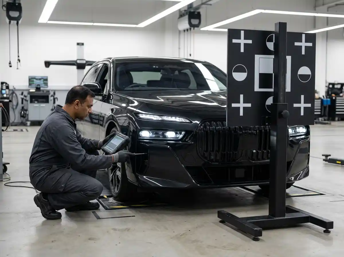 Radar Sensor and Headlight Calibration — BMW 7 Series BMW 7 Series positioned for radar sensor and headlight calibration after body repair