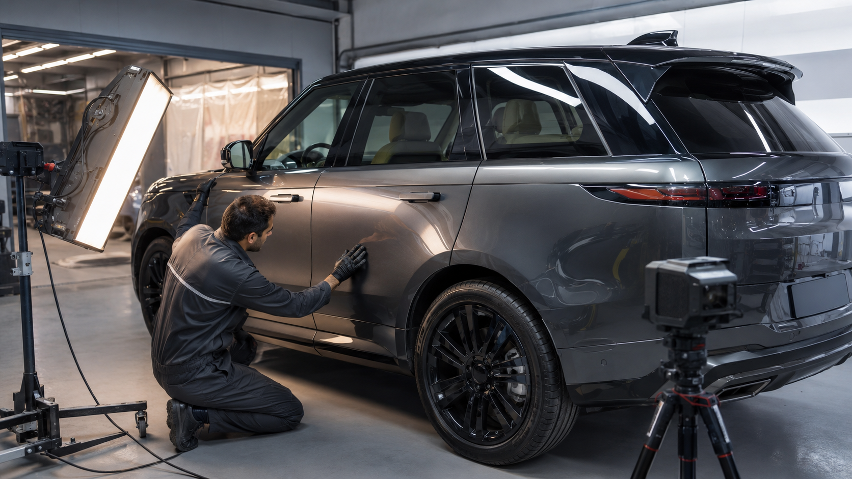 Technician checking Range Rover aluminium body panels under paint inspection lighting in a Dubai bodyshop