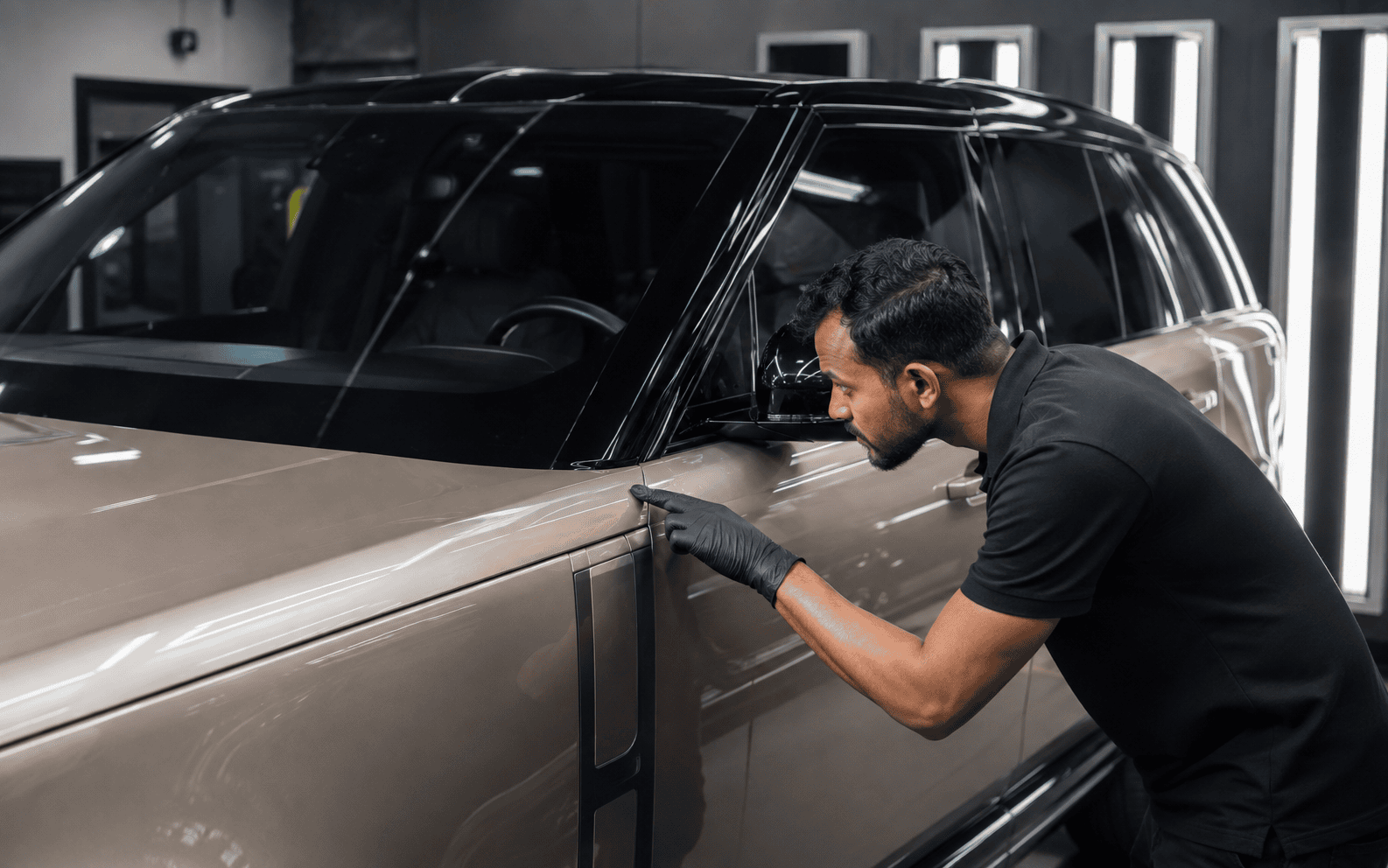 Two-tone luxury vehicle paint finish inspected after controlled refinishing.