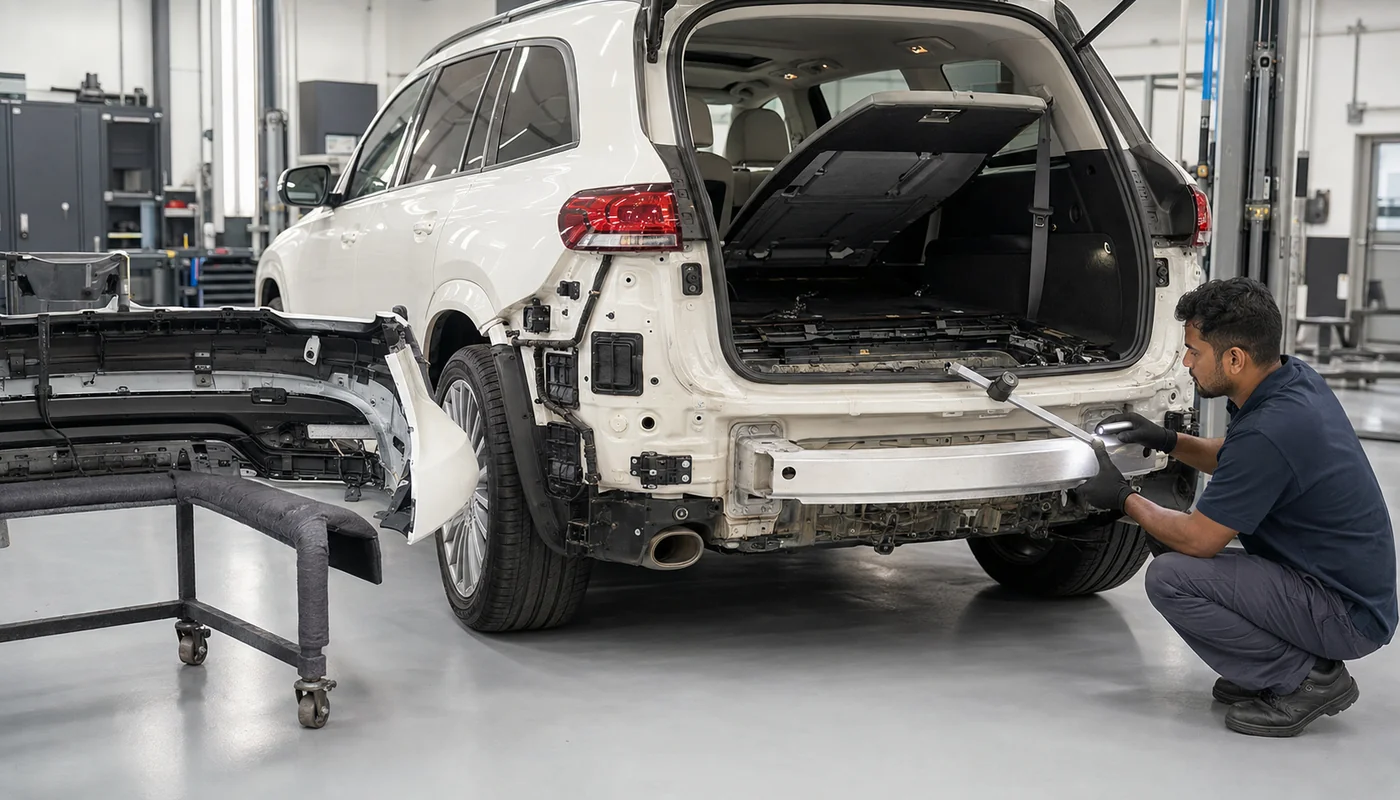 Mercedes-Benz GLS rear-impact inspection tracing damage from bumper to third-row cabin