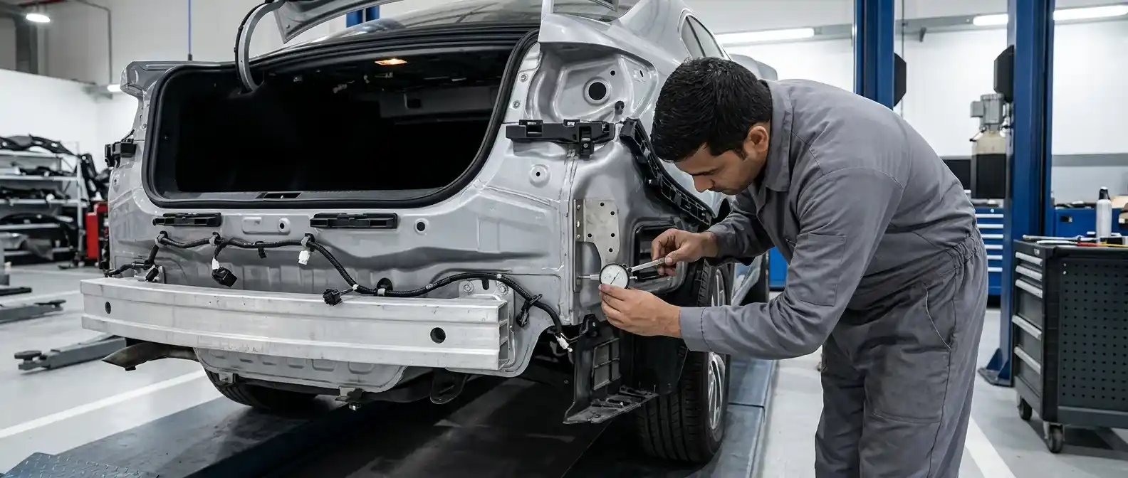 Rear ADAS radar bracket and bumper mounting position inspected after impact