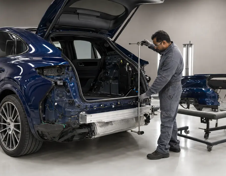 Porsche Cayenne SUV and Coupe rear-opening geometry being compared during body repair