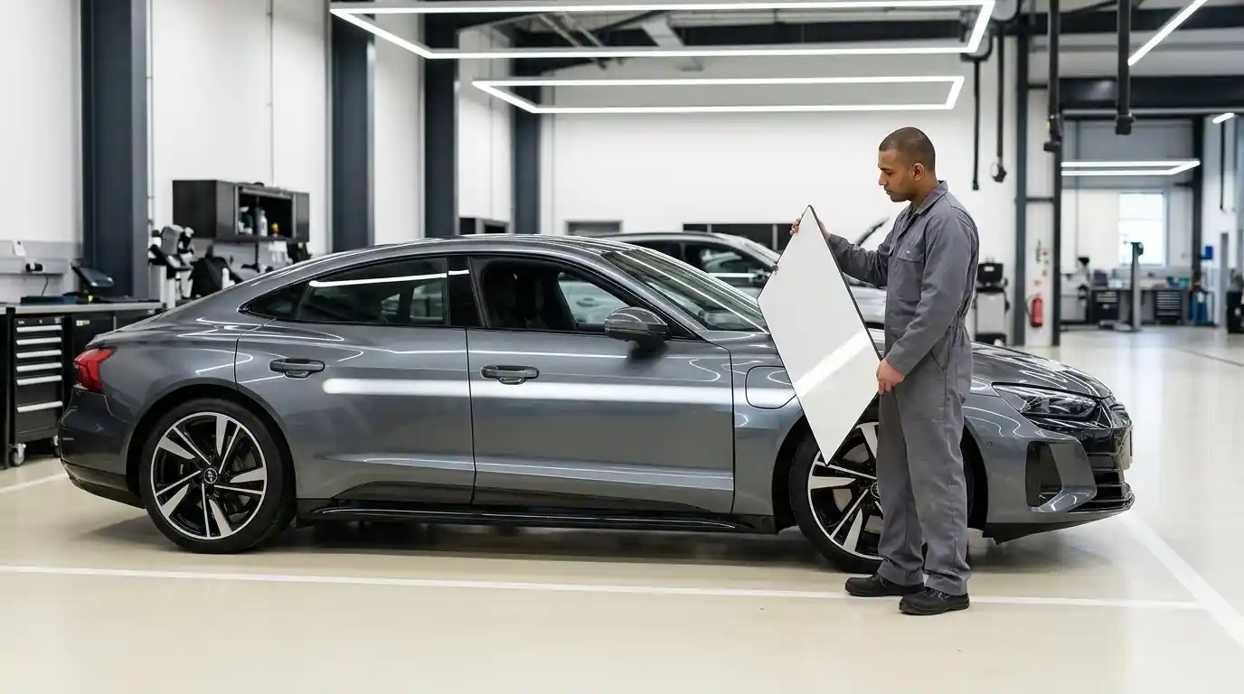 Audi e-tron GT panel-gap and reflection-board quality-control inspection after body repair