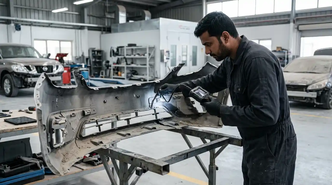 Technician documenting the rear side of a removed bumper cover