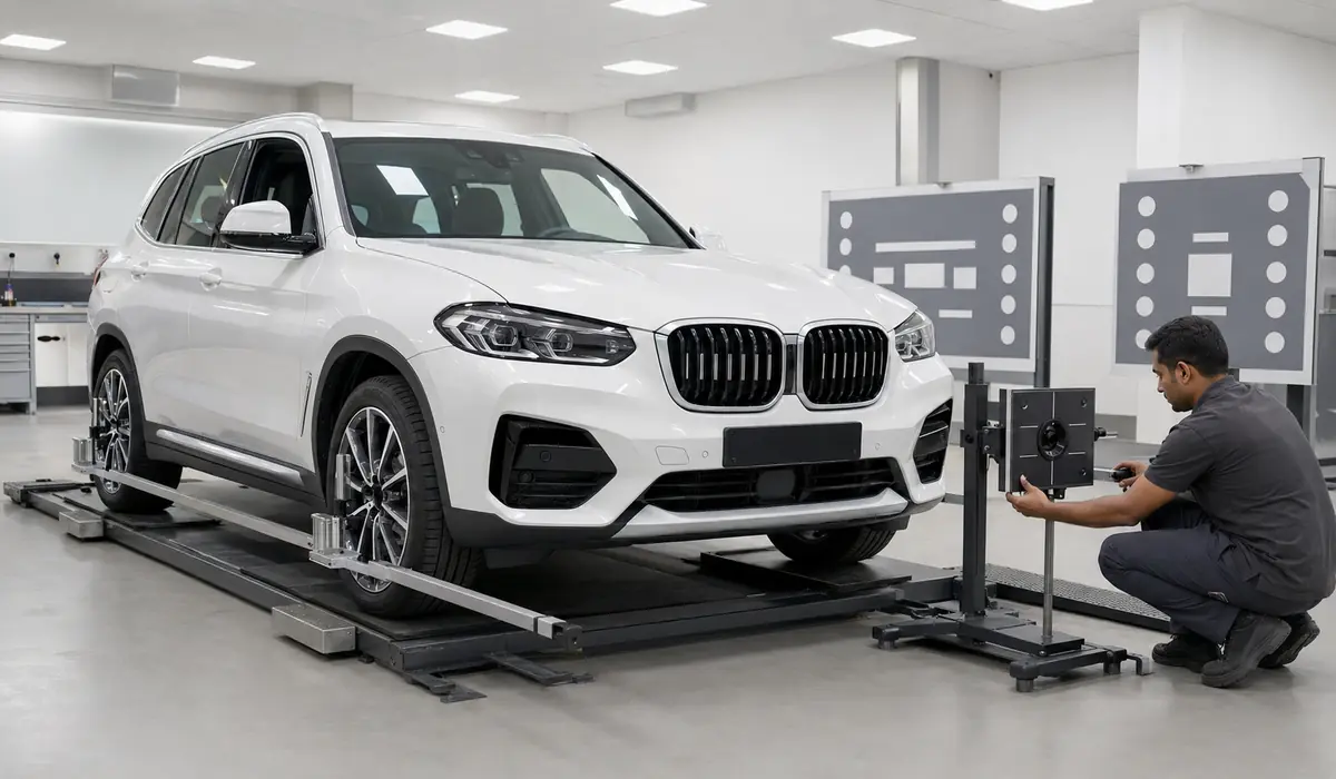 BMW X3 Sensor Closure Needs Geometry and Diagnostics BMW X3 sensor and camera mounting geometry checked after body repair
