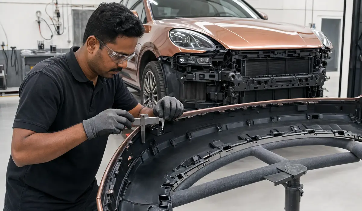 Technician measuring Porsche Macan sensor position and mounting geometry before diagnostics