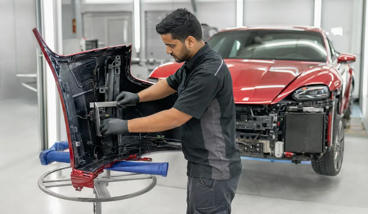 Porsche Taycan camera and sensor geometry being checked after body repair