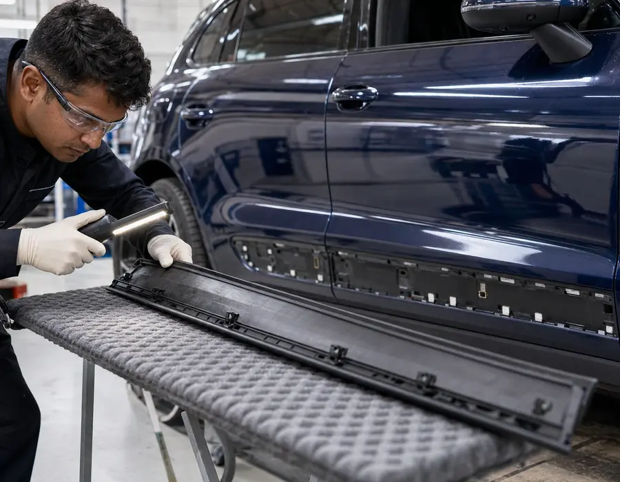 Technician inspecting a Porsche Macan side blade, clips and underlying door surface before repair