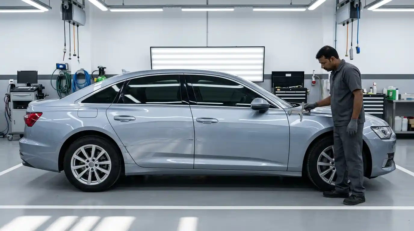 Linear inspection lighting tracing side damage across the full Mercedes-Benz C-Class saloon profile