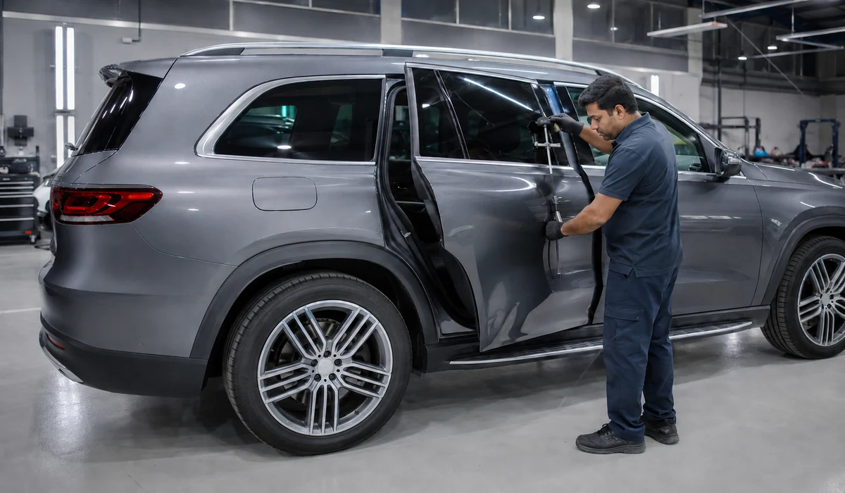 Mercedes-Benz GLS side-impact inspection across front and rear door sequence