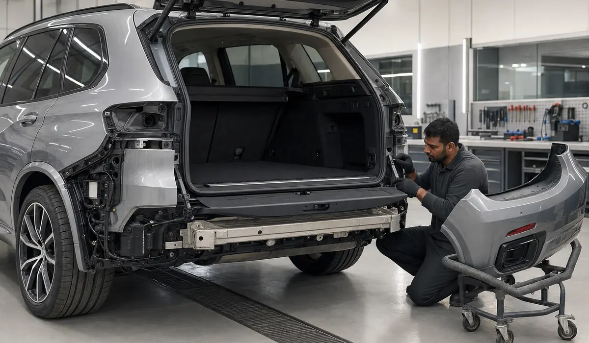 BMW X5 split tailgate repair mapped into upper gate, lower gate, rear floor and sensor lanes