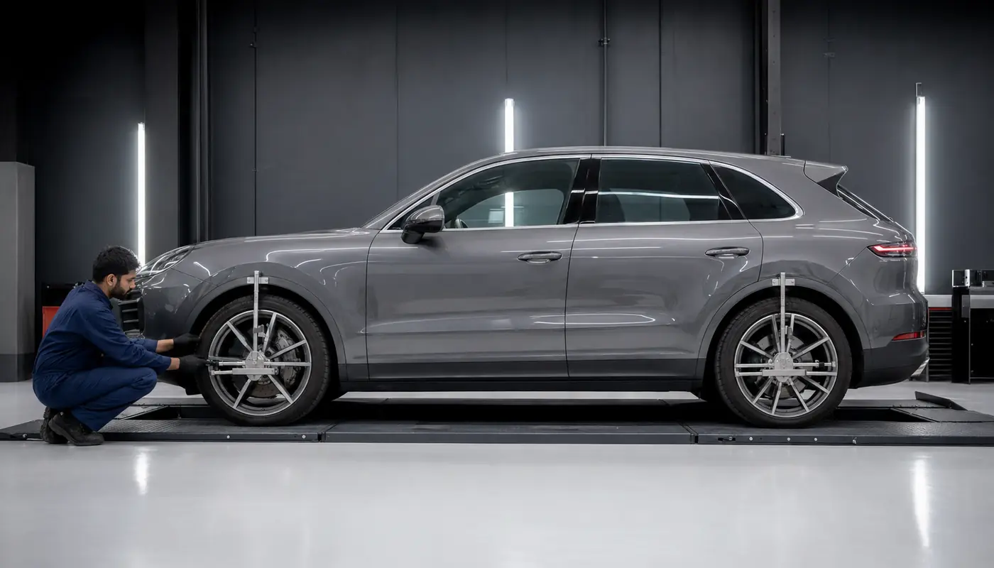Porsche Cayenne suspension stance and wheel-arch clearance being measured after impact