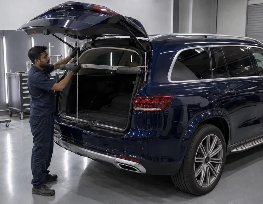 Technician measuring Mercedes-Benz GLS tailgate geometry before powered operation