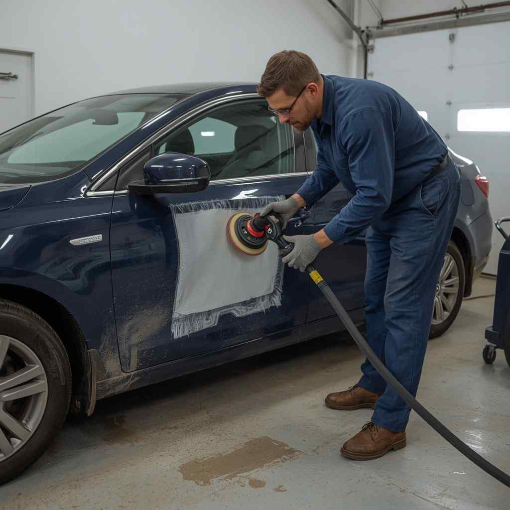 Technician leveling a repainted automotive panel before ceramic coating preparation