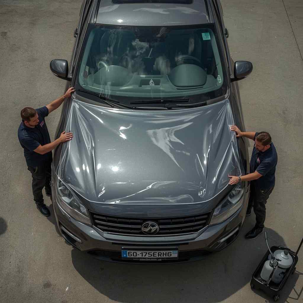 Technicians installing paint protection film while planning ceramic coating coverage after repaint