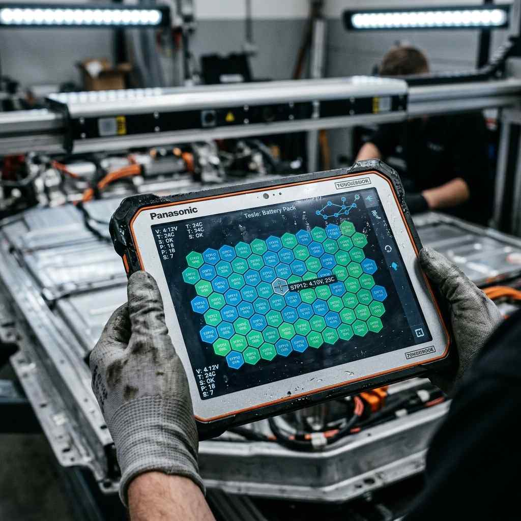 Tesla lower-body and battery-floor diagnostic inspection after an impact