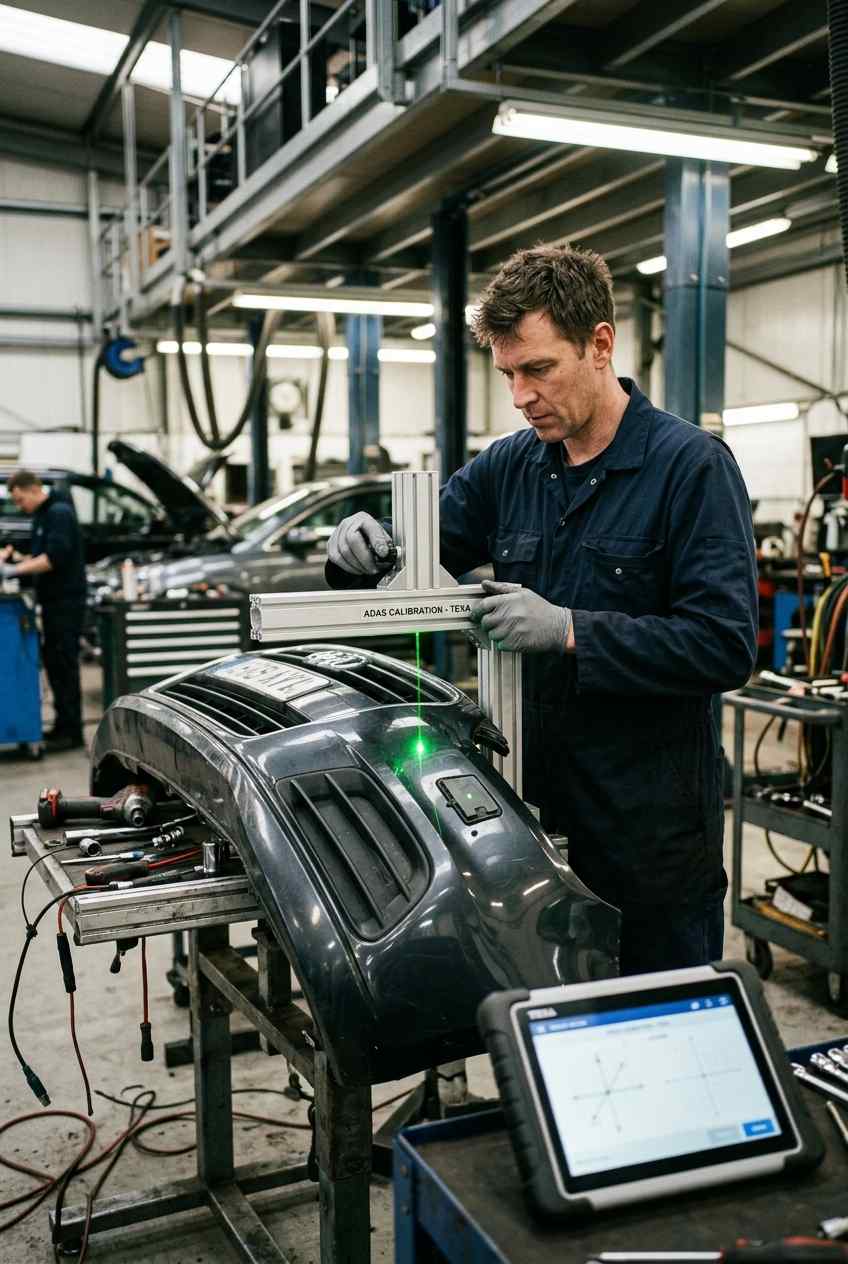 Tesla Model 3 bumper sensors and radar mounts checked during body repair in Dubai