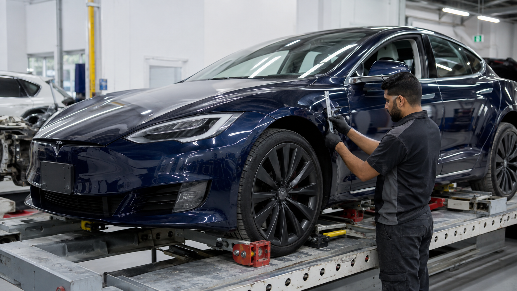 Technician inspecting Tesla Model S fender and wheel-area panel alignment in a Dubai bodyshop