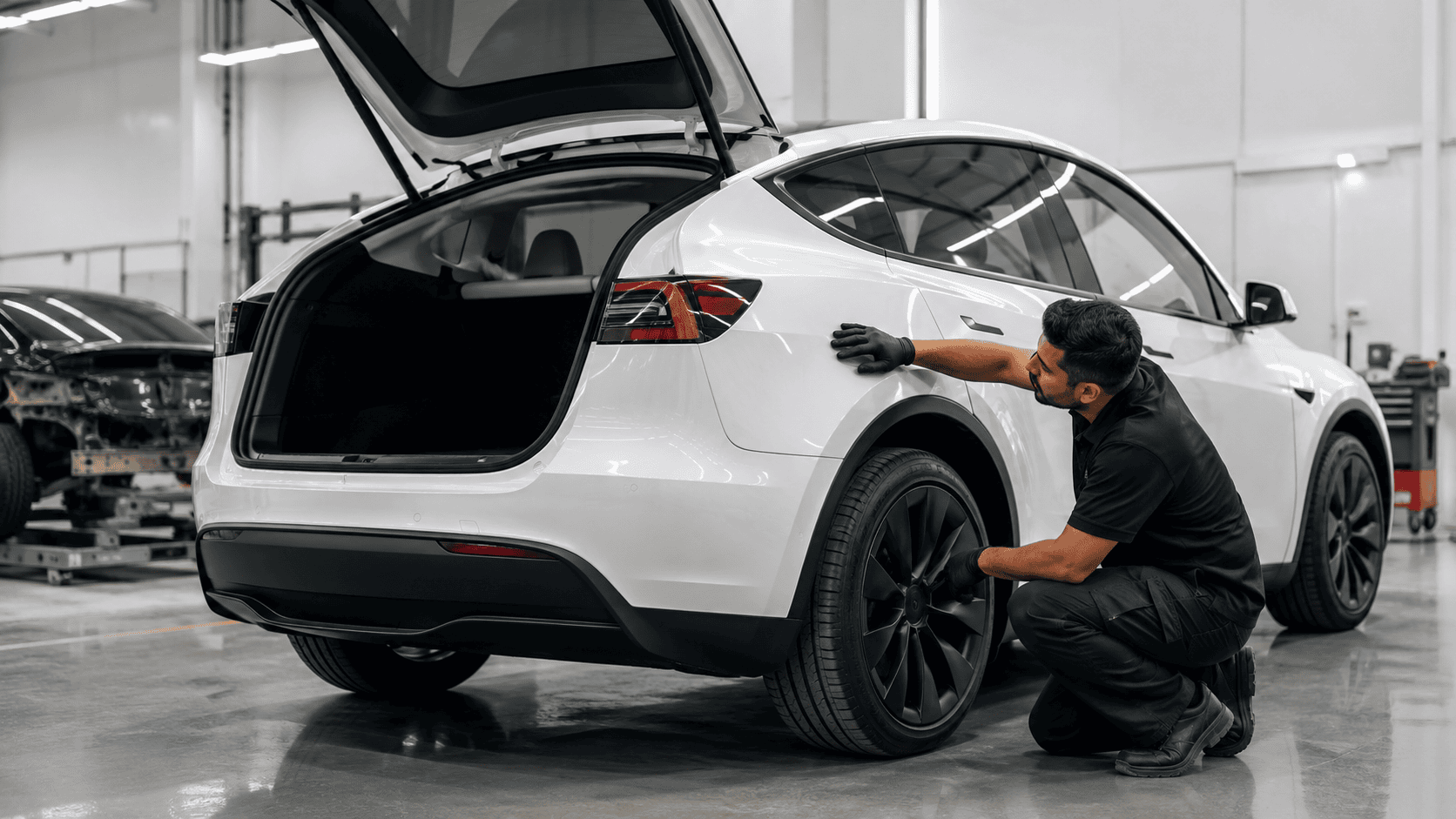 Technician checking Tesla Model Y liftgate and rear quarter panel alignment in a Dubai bodyshop