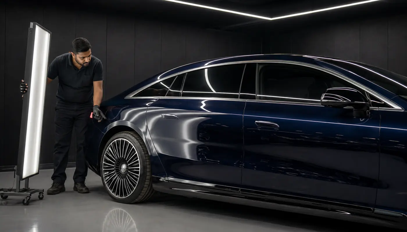 The One-Bow Surface Magnifies Reflection Errors Linear inspection lighting revealing reflection accuracy across the Mercedes-Benz EQS one-bow body surface