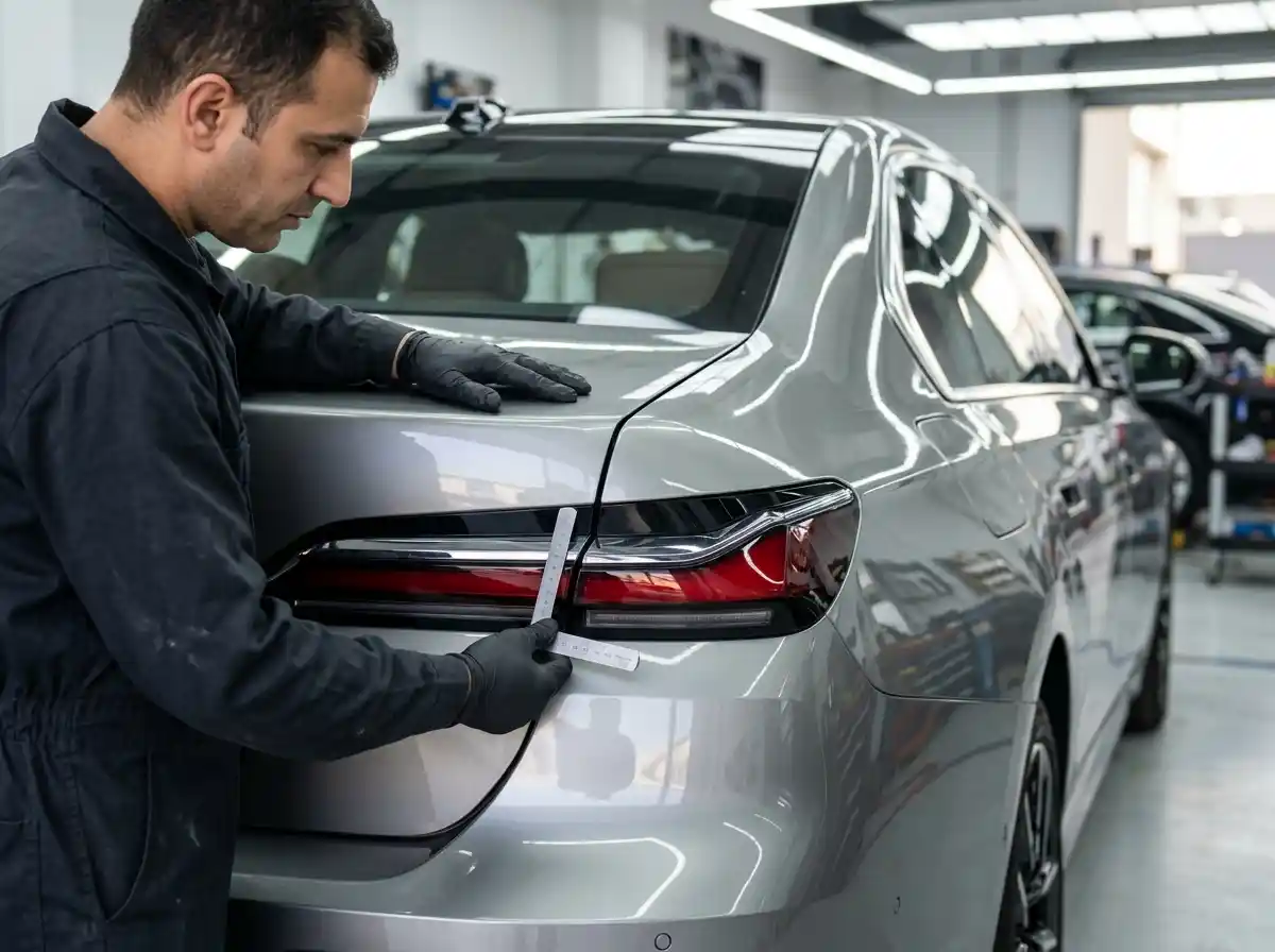 Technician comparing Mercedes-Benz C-Class rear lamp alignment across the quarter panel and boot lid