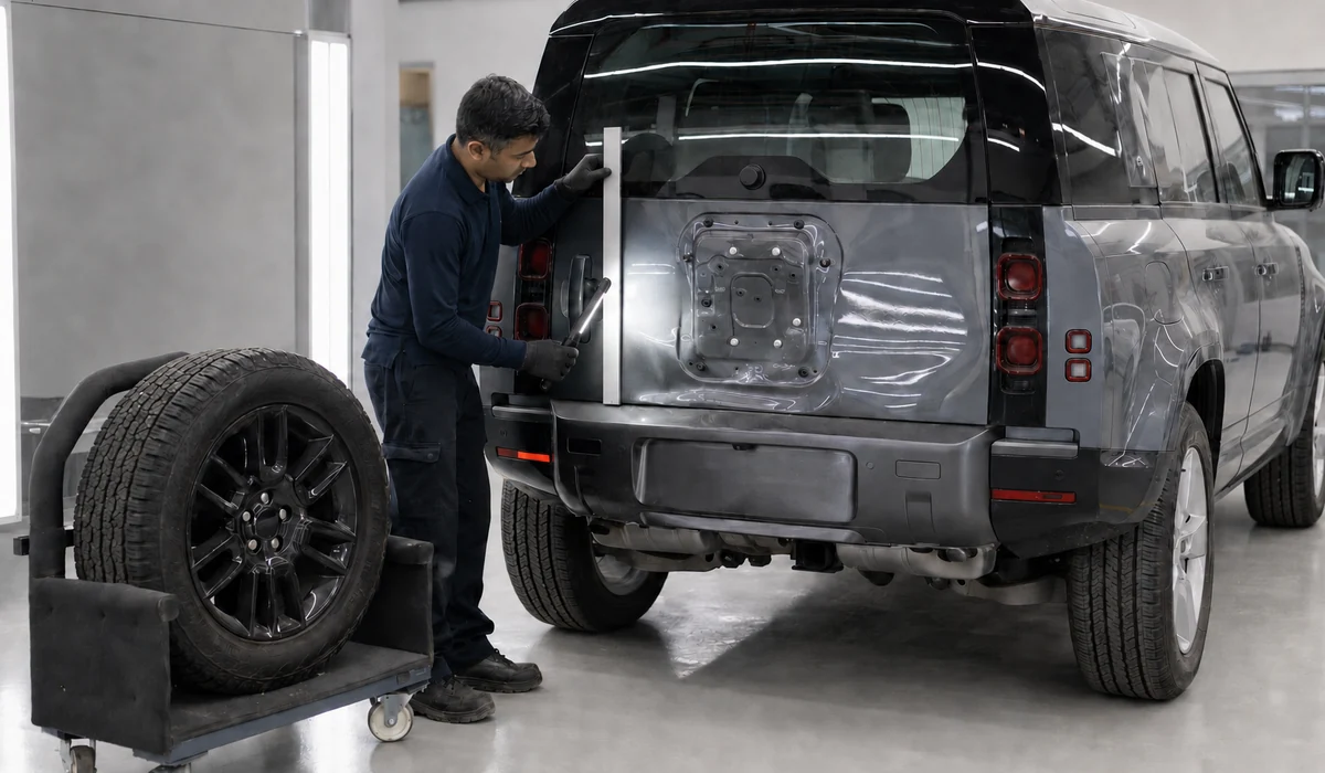Land Rover Defender rear spare-wheel impact inspected through carrier, hinge, latch and taildoor geometry