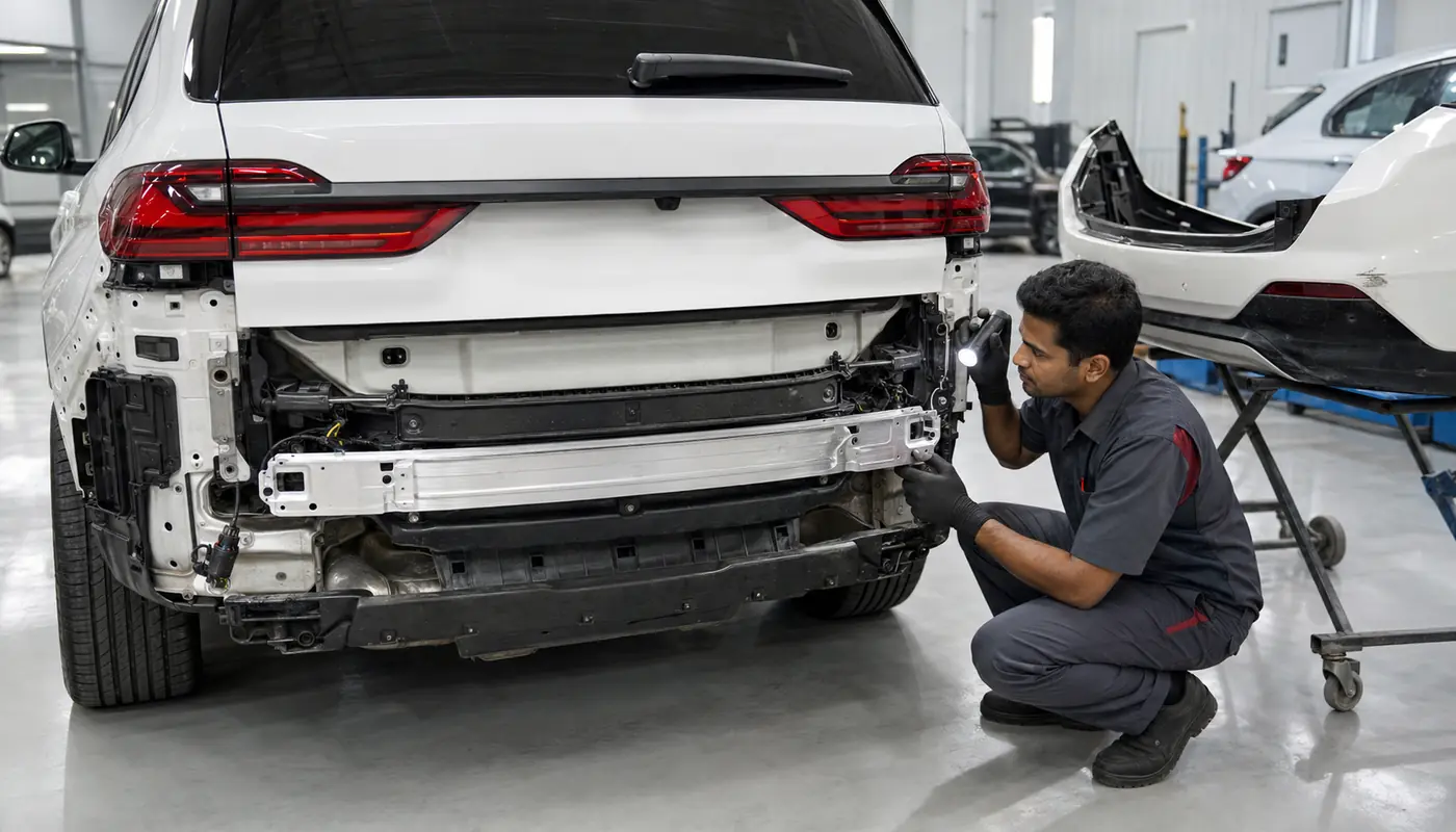 BMW X7 Visible Impact Route Inspection Technician tracing hidden BMW X7 rear impact damage beyond the visible exterior mark