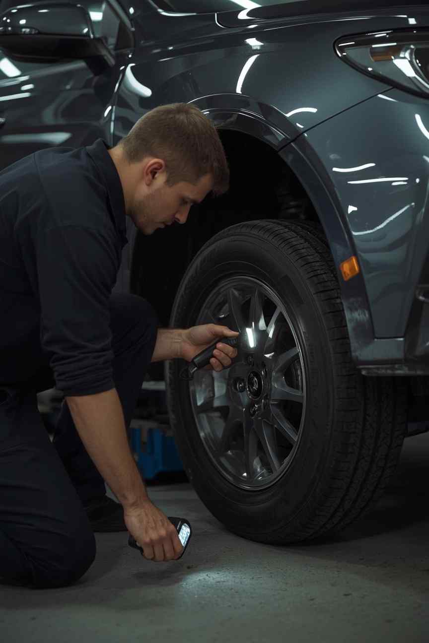 Loose fender liner inspected before navigating a tight Business Bay ramp