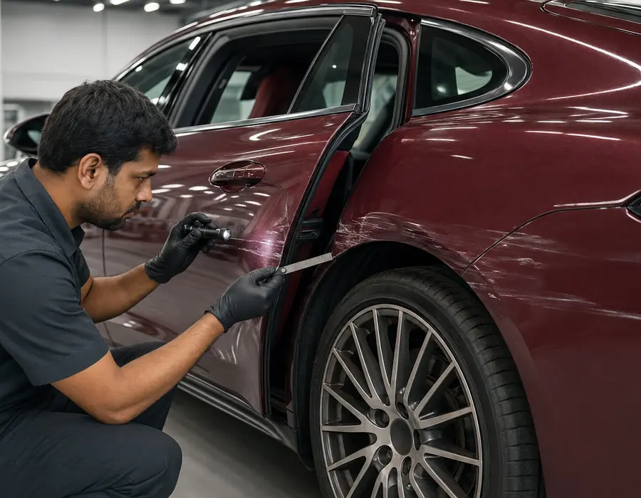 Technician tracing Porsche Panamera collision damage across the long side profile, openings and moving components