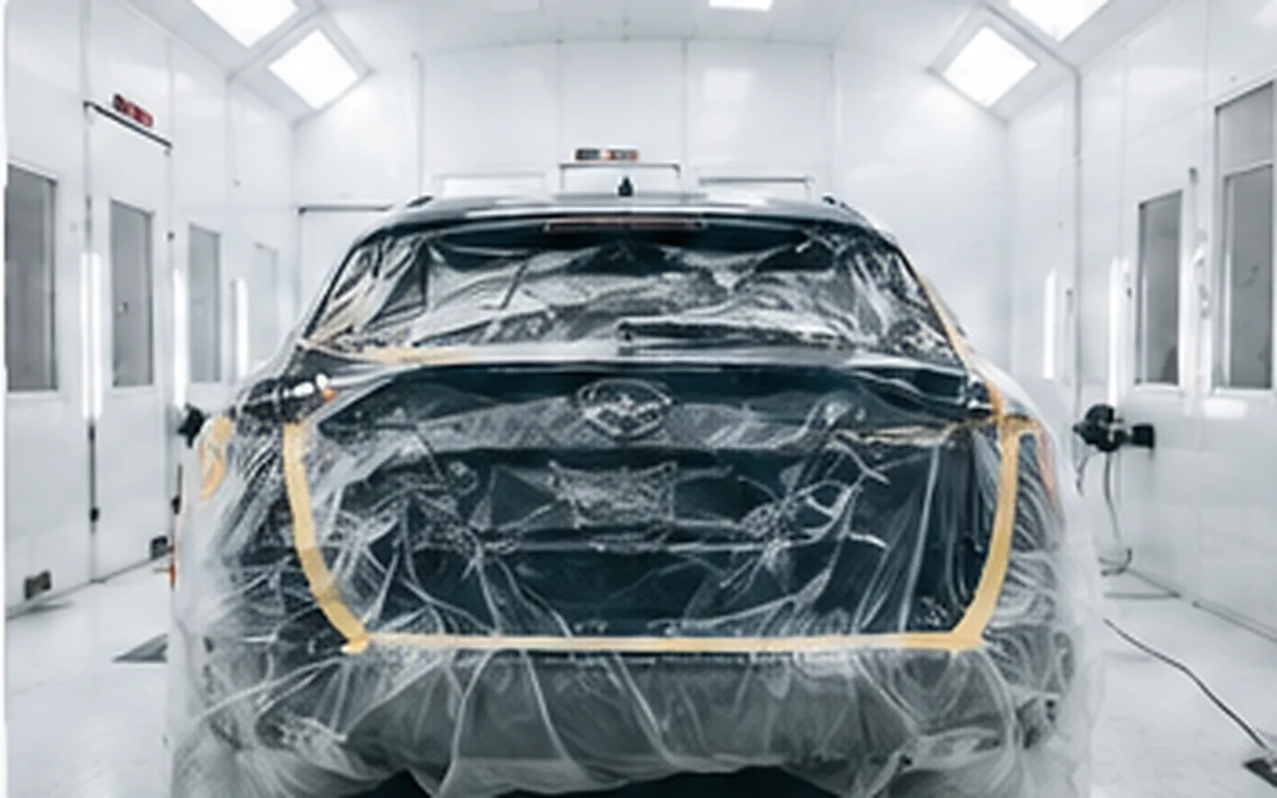 Vehicle prepared for refinishing in a spray booth
