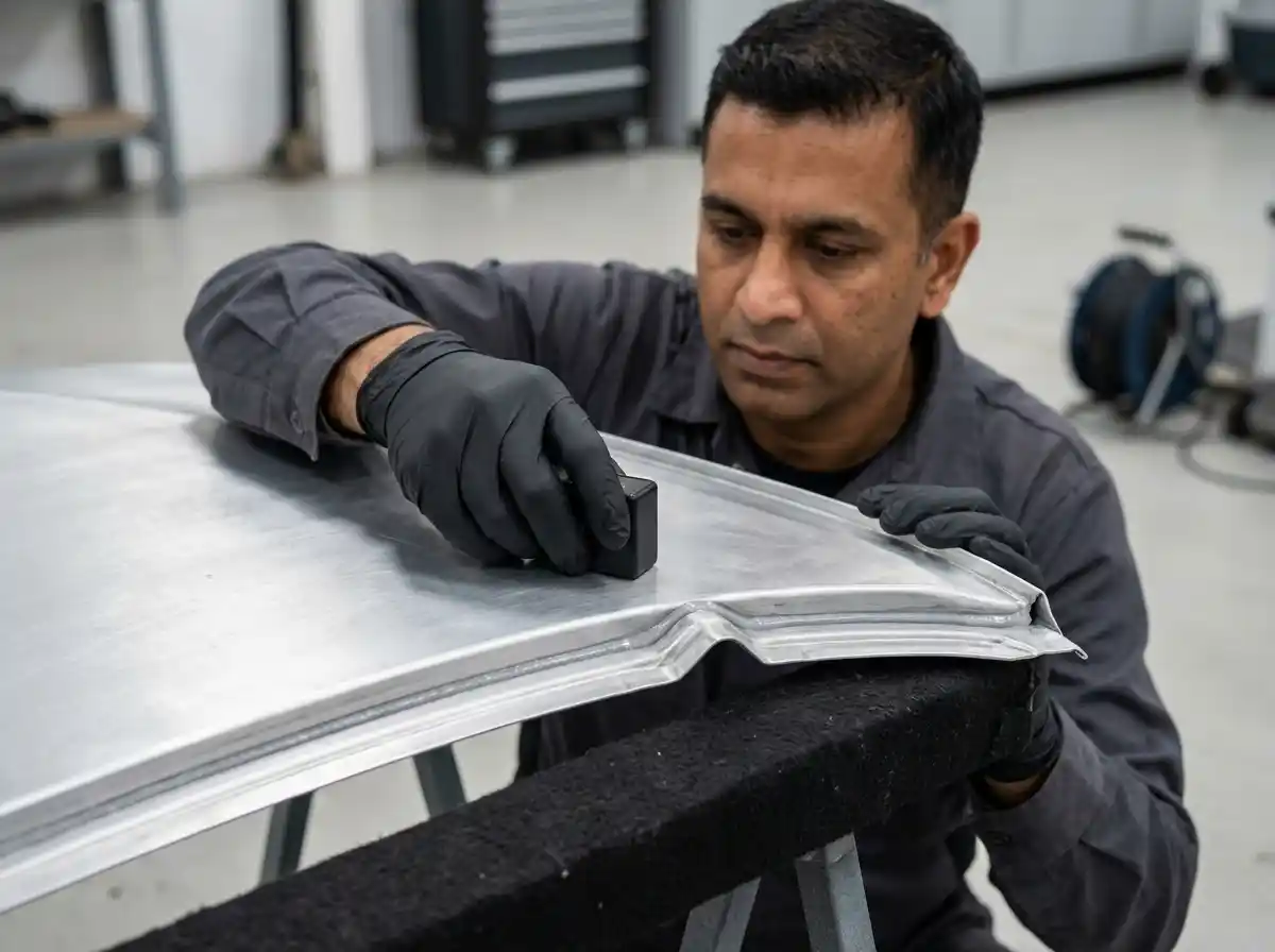 Technician inspecting BMW 5 Series bonnet hem adhesive with an ultrasonic testing instrument
