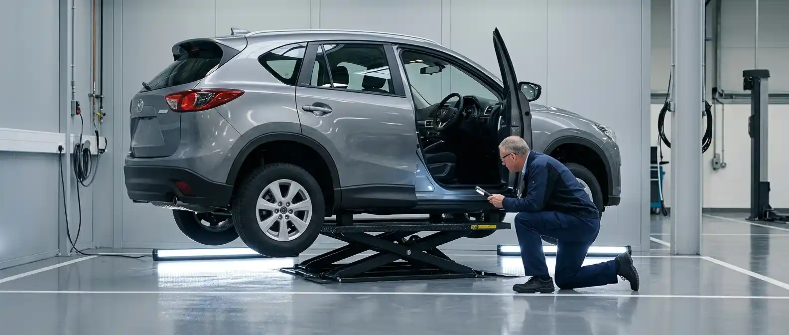 Technician inspecting GAC underbody covers, chassis seals and dust protection after repair
