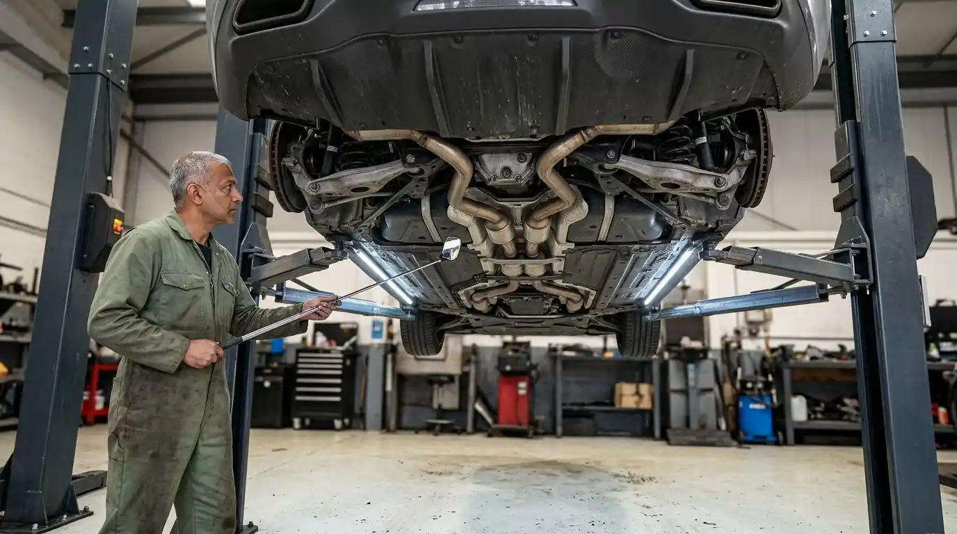 Mercedes-AMG GT raised on a lift while a technician inspects underside service clues after impact