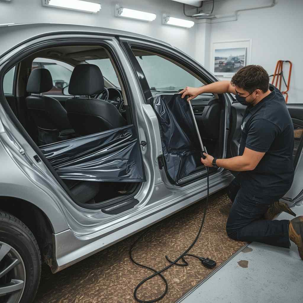 Technician finishing vinyl wrap around a vehicle door return and visible edge