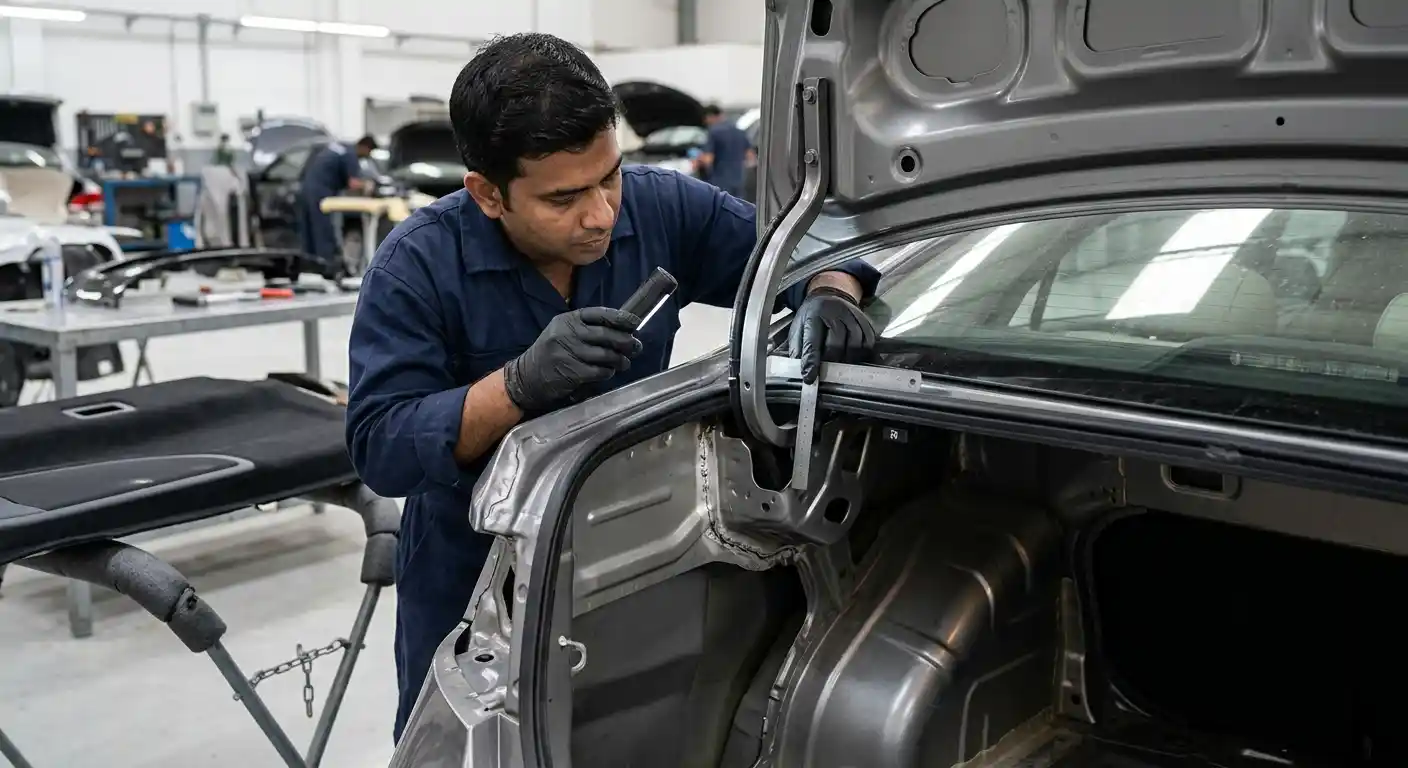Body shop assessor documenting visible boot lid damage and the approved insurance repair scope in Dubai