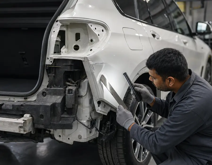 BMW X5 impact route inspection tracing visible body damage toward hidden mounts and neighbouring components