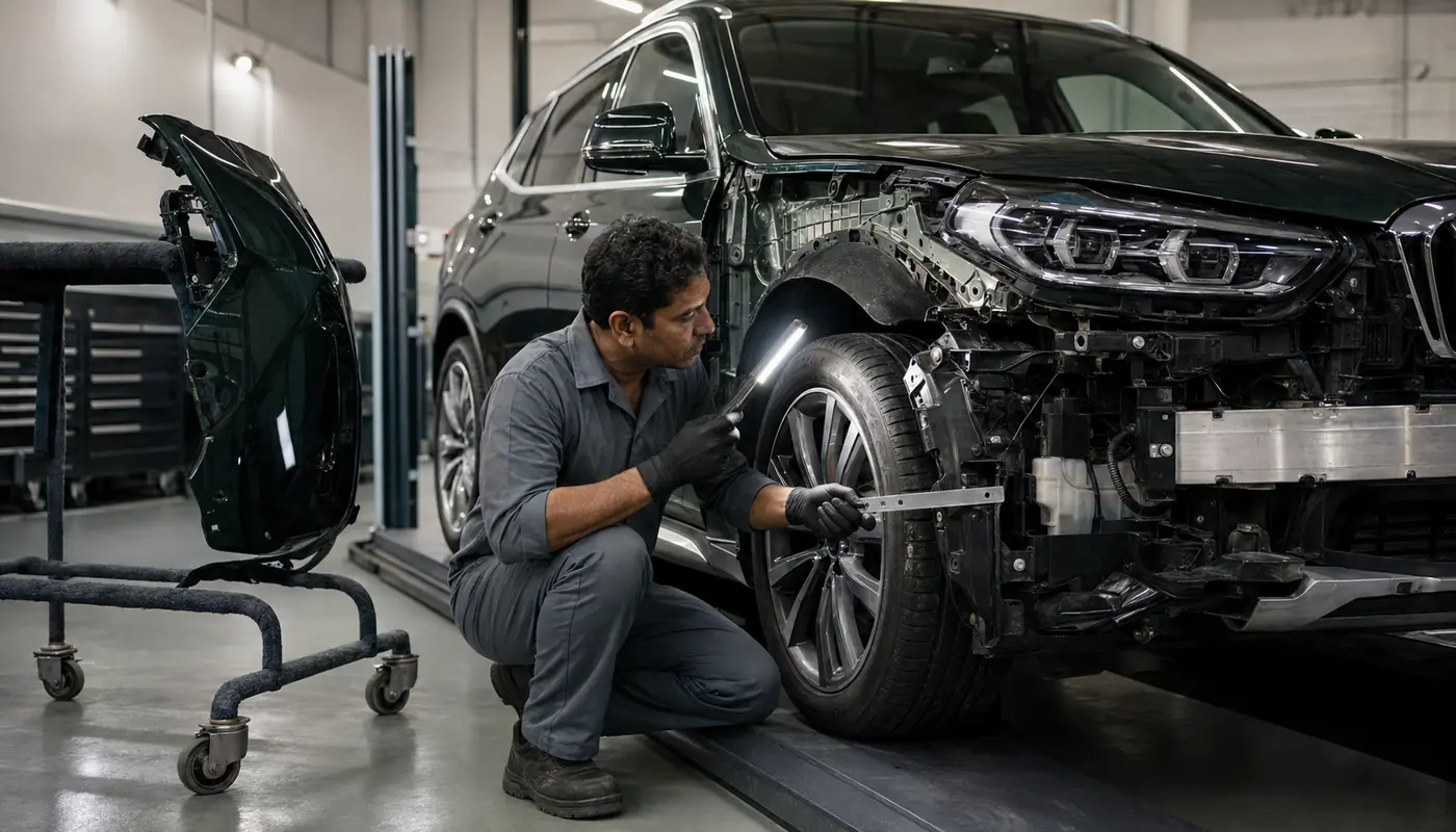 BMW X3 Visible Mark and Impact Route Inspection BMW X3 impact route inspection connecting a visible body mark with the wheel arch and bumper corner